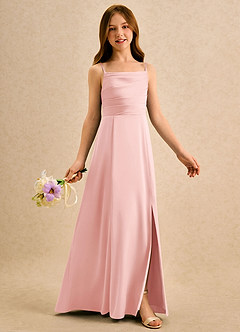 Azazie Chamomile Girls Formal Robe Demoiselle D'honneur Fillette Robe Trapèze en Satin extensible Plissée Rose Poudré image2