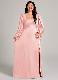 Azazie Leonia Bridesmaid Dresses Powder Pink A-Line Long Sleeve Stretch Satin Dress image11