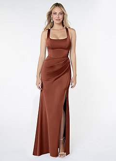 Azazie Mero Vestidos de damas de honor Vestido de Arcilla de Satén Elástico de Corte Recto con Plisado image1