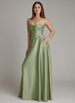 Azazie Meleena Bridesmaid Dresses Pistachio A-Line Strapless Stretch Satin Dress image6