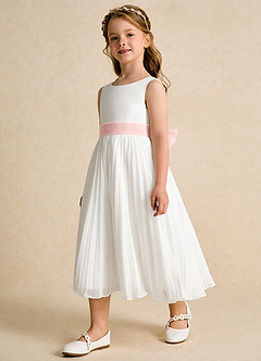Azazie Margot Flower Girl Dresses Ivory Powder Pink A-Line Pleated Chiffon Dress image2