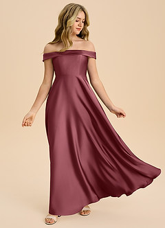 Azazie Sissy Junior Desert Rose A-Line Off the Shoulder Stretch Satin Dress image5