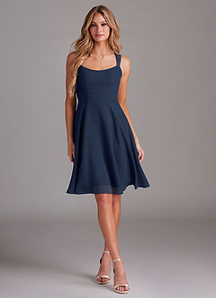 Azazie Vina Bridesmaid Dresses Dark Navy A-Line Lace Chiffon Dress image3