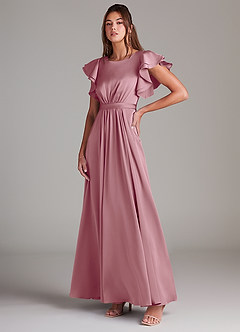 Azazie Daphne Modest Bridesmaid Dresses A-Line Ruched Stretch Satin Floor-Length Dress image4