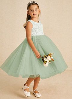 Azazie Missy Flower Girl Dresses Ivory Dusty Sage A-Line Sleeveless Tulle Dress image4