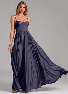 Azazie Akiko Robes de demoiselle d'honneur Robe Trapèze en Satin extensible Encolure en Forme de Cœur Bleu Orageux image5