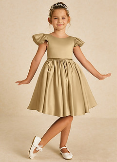 Azazie Sugar Plum Flower Girl Dresses Gold A-Line Bow Matte Satin Dress image2