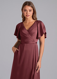 Azazie Ambrosia Bridesmaid Dresses Merlot A-Line Pleated Stretch Satin Dress image2