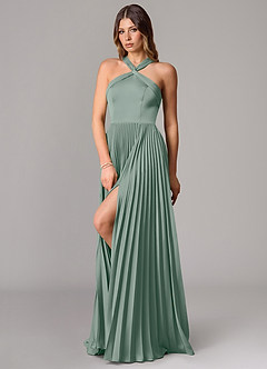 Azazie Afra Abiti da Damigella Abito A-Line in Raso Elasticizzato Plissettato Salvia Argentata image4