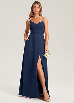 Azazie Terese Robes de demoiselle d'honneur Robe Trapèze en Mousseline de soie Plissée Bleu Marine Foncé image6