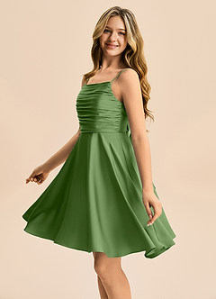 Azazie Miko Junior Basil A-Line Pleated Stretch Satin Dress image7