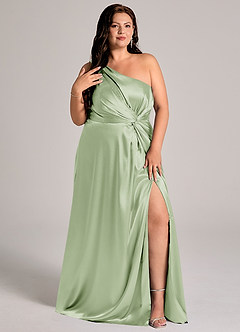 Azazie Brooke Abiti da Damigella Abito A-Line in Raso Metallizzato Monospalla Verde Salvia image5