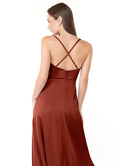 Azazie Naomie Prova klänningar hemma Klänning av A-Line i Stretch Satin Sidoskärning med kolsvart halsringning Terrakotta image3