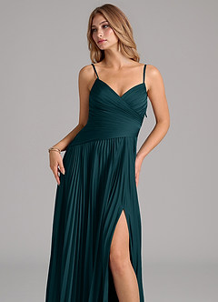 Azazie Vini Vestidos de damas de honor Vestido de Pino de Satén Elástico de Corte en A con Plisado image2