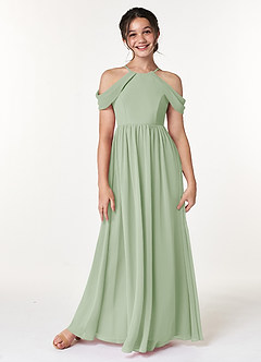 Azazie Seneca Junior Abito A-Line in Chiffon a Spalla Scoperta Verde Salvia image1