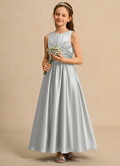 Azazie Ducky Girls Formal Abiti da Ragazza di Fiori Abito A-Line in Raso Elasticizzato Plissettato Argento image5
