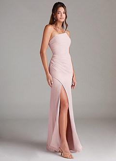 Azazie Eren Bridesmaid Dresses Blushing Pink Sheath One Shoulder Chiffon Dress image4