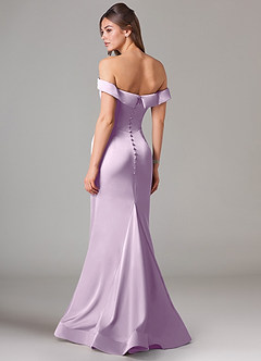 Azazie Everly At-home Try On Dresses Amethyst Mermaid Off the Shoulder Stretch Satin Convertible Dress image5