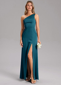 Azazie Feby Bridesmaid Dresses Ink Blue A-Line One Shoulder Stretch Satin Dress image3