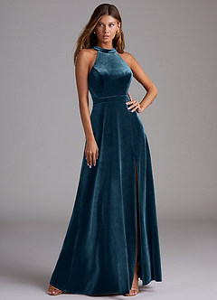 Azazie Clarice Jurken voor bruidsmeisjes Jurk van flueel met A-Lijn Zijsplit Blauwe Topaas image1