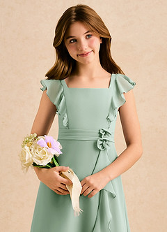 Azazie Soso Girls Formal Robe Demoiselle D'honneur Fillette Robe Trapèze en Mousseline de soie Plissée Agave image6