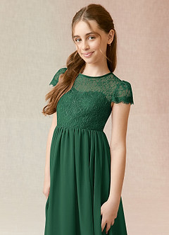 Azazie Delevingne Junior Dark Green A-Line Lace Chiffon Dress image4