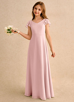 Azazie Nari Junior Formal Flower Girl Dresses Powder Pink A-Line with Sleeves Chiffon Dress image1