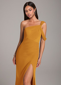 Azazie Wynter Bridesmaid Dresses Butterscotch Sheath Off the Shoulder Chiffon Dress image7