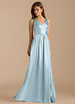 Azazie Keyla Vestidos de damas de honor Vestido de Azul Cielo de Satén Metálico de Corte en A con Plisado image4