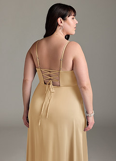 Azazie Marchella Bridesmaid Dresses Gold A-Line Corset Stretch Satin Dress image12