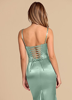 Azazie Sorrel Jurken voor bruidsmeisjes Converteerbaar Jurk van Metaalachtig Satijn met Zeemeermin Korset Agave image8