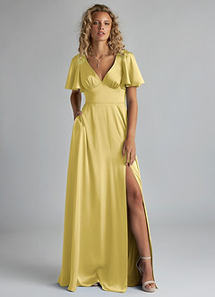 Azazie Kimber Bridesmaid Dresses Canary A-Line Ruched Stretch Satin Dress image1
