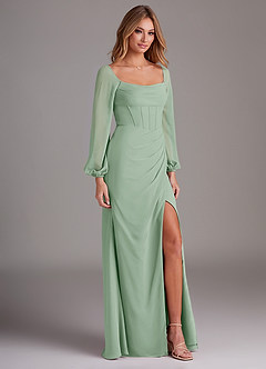 Azazie Charissa Bridesmaid Dresses Agave Sheath Long Sleeve Chiffon Dress image5