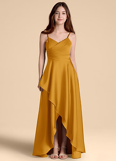 Azazie Prisha Junior Butterscotch A-Line Pleated Stretch Satin Dress image5