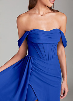 Azazie Amyra Bridesmaid Dresses Royal Blue Sheath Off the Shoulder Chiffon Convertible Dress image5