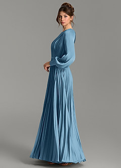 Azazie Grayson Bridesmaid Dresses Steel Blue A-Line Long Sleeve Stretch Satin Dress image4