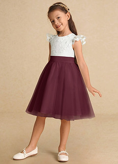 Azazie Vetty Flower Girl Dresses Ivory Cabernet A-Line Lace Tulle Dress image3