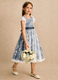 Azazie Maisie vestidos de niña de las flores Vestido Marfil Azul Petróleo de Encaje de Línea A image4