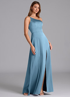 Azazie Trina Final Sale Steel Blue A-Line One Shoulder Stretch Satin Dress image4
