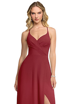 Azazie Davis Bridesmaid Dresses Pomegranate A-Line V-Neck Chiffon Dress image4