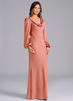 Azazie Rylina Bridesmaid Dresses Coral Mermaid Long Sleeve Stretch Satin Dress image3