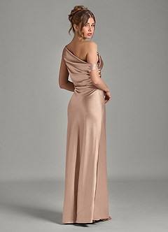 Azazie Emerson Bridesmaid Dresses Taupe Mermaid Off the Shoulder Metallic Satin Dress image6