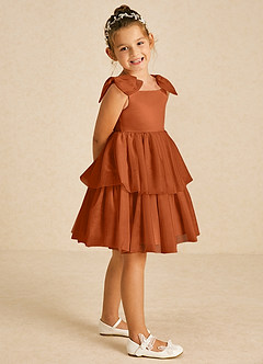 Azazie Vanellope Blumenmädchenkleider A-Linie Schleifen Tüll Kleid Gebranntes Orange image1