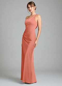 Azazie Madelyn Bridesmaid Dresses Salmon Pink Mermaid One Shoulder Stretch Satin Convertible Dress image6
