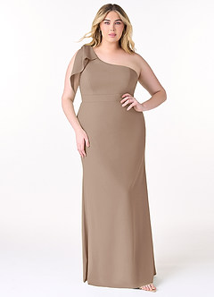 Azazie Rinna Bridesmaid Dresses Taupe Mermaid One Shoulder Stretch Crepe Dress image5