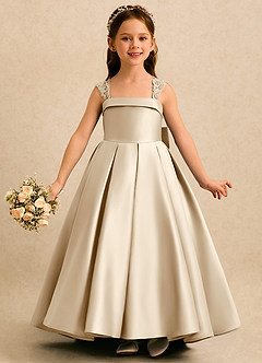 Azazie Genie Flower Girl Dresses Champagne Ball-Gown Off the Shoulder Matte Satin Dress image3