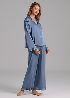 front Matching Color Ruffled Satin Long Sleeve Pajama Set