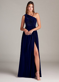 Azazie Brooke Bridesmaid Dresses Dark Navy A-Line One Shoulder Velvet Dress image4