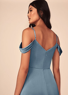 Azazie Ocean Bridesmaid Dresses Dusty Blue A-Line V-Neck Pleated Stretch Satin Dress image12