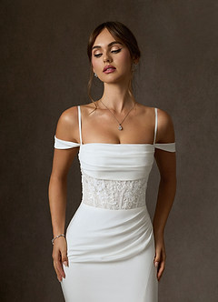 Azazie Alyce Essayer des robes à la maison Robe Sirène en Crêpe Dos Satin Épaule décolletée Blanc De Diamant image4